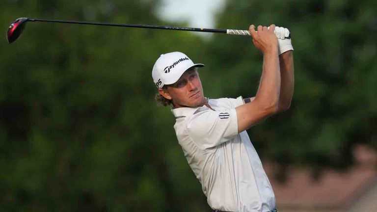 Austin Smotherman watches his tee shot the 11th hole during the first round of the Charles Schwab Challenge golf tournament at the Colonial Country Club in Fort Worth, Texas, Thursday, May 25, 2023. (LM Otero/AP)