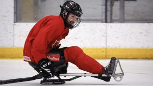 Team Canada forward Tyler McGregor, of Forest, Ont., controls the puck during a practice ahead of the World Para Ice Hockey Championship in Calgary, Tuesday, April 30, 2024.THE CANADIAN PRESS/Jeff McIntosh