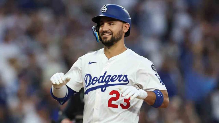 Los Angeles Dodgers' Michael Conforto reacts as he reaches home plate after hitting a home run during the third inning of a baseball game against the Chicago White Sox, Thursday, July 3, 2025, in Los Angeles. (Jessie Alcheh/AP)