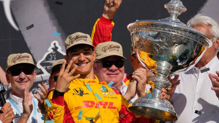 Alex Palou celebrates winning the IndyCar championship Sunday, Aug. 31, 2025, at Nashville Superspeedway in Lebanon, Tenn. (George Walker IV/AP)