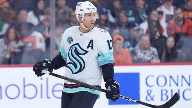 Seattle Kraken's Jaden Schwartz plays during an NHL hockey game Monday, Oct. 20, 2025, in Philadelphia. (Matt Slocum/AP)