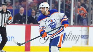 Edmonton Oilers' Evan Bouchard during the first period of an NHL hockey game, Wednesday, Nov. 12, 2025, in Philadelphia. (Matt Rourke/AP)