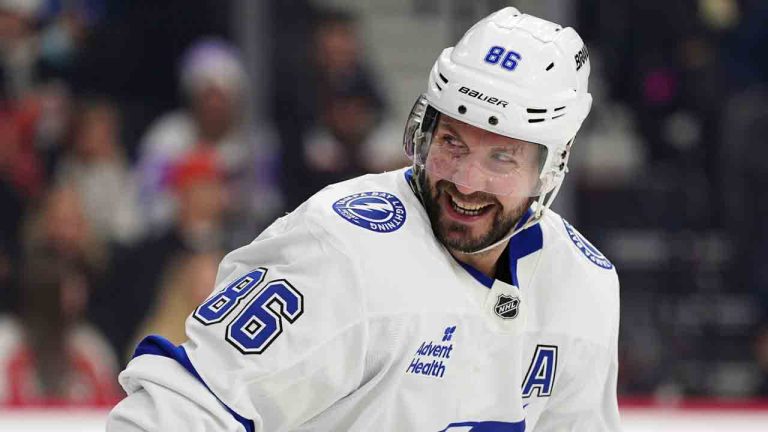 Tampa Bay Lightning right wing Nikita Kucherov loses the puck to a stick check by Colorado Avalanche defenseman Cale Makar (8) during the second period of an NHL hockey game Tuesday, Jan. 6, 2026, in Tampa, Fla. (Chris O'Meara/AP)