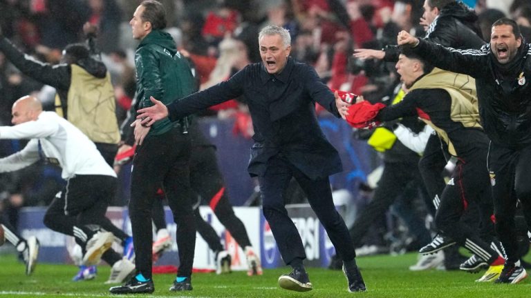 Benfica's head coach Jose Mourinho celebrates at the end of a Champions League opening-phase soccer match between Benfica and Real Madrid, in Lisbon, Wednesday, Jan. 28, 2026. (AP Photo/Armando Franca)