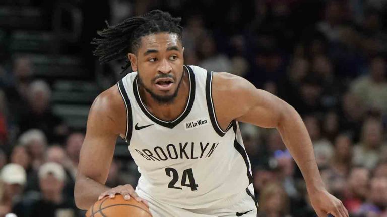 Brooklyn Nets guard Cam Thomas (24) during the first half of an NBA basketball game against the Phoenix Suns, Tuesday, Jan. 27, 2026, in Phoenix. (Rick Scuteri/AP)
