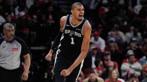 San Antonio Spurs forward Victor Wembanyama celebrates after scoring during the second half of an NBA basketball game against the Houston Rockets in Houston, Wednesday, Jan. 28, 2026. (Ashley Landis/AP)