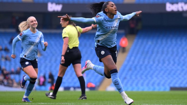 Manchester City's Kerolin celebrates scoring her side's first goal of the game during the Women's Super League match between Manchester City and Chelsea, in Manchester, England, Sunday Feb. 1, 2026. (Gary Oakley/PA via AP)