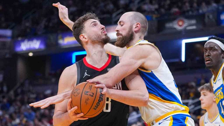 Indiana Pacers center Jay Huff (32) fouls Houston Rockets center Alperen Sengun (28) during the second half of an NBA basketball game in Indianapolis, Monday, Feb. 2, 2026. (Michael Conroy/AP)