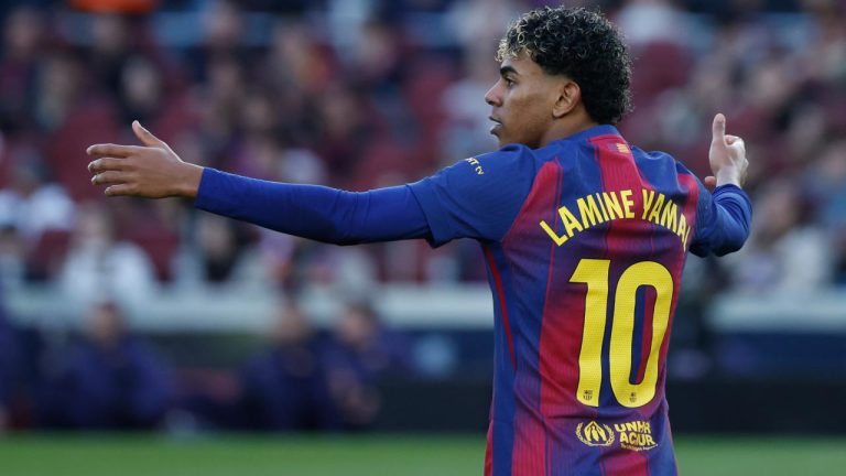 Barcelona's Lamine Yamal claims a penalty during the Spanish La Liga soccer match between Barcelona and Mallorca in Barcelona, Spain, Saturday, Feb. 7, 2026. (Joan Monfort/AP)