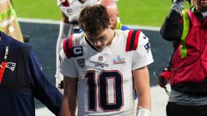New England Patriots quarterback Drake Maye (10) and teammates walk off the field after losing to the Seattle Seahawks in the NFL Super Bowl 60 football game, Sunday, Feb. 8, 2026, in Santa Clara, Calif. (Godofredo A. Vásquez/AP)