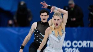 Piper Gilles and Paul Poirier of Canada compete during the rhythm dance in figure skating at the 2026 Winter Olympics, in Milan, Italy, Monday, Feb. 9, 2026. (Natacha Pisarenko/AP)