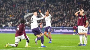 Manchester United's Benjamin Sesko (30) reacts after scoring against West Ham United during a Premier League soccer match, Tuesday, Feb. 10, 2026, in London. (Adam Davy/PA via AP)