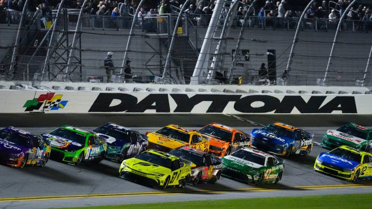 Cars runs during the first of two NASCAR Daytona 500 qualifying auto races at Daytona International Speedway, Thursday, Feb. 12, 2026, in Daytona Beach, Fla. (Mike Stewart/AP)