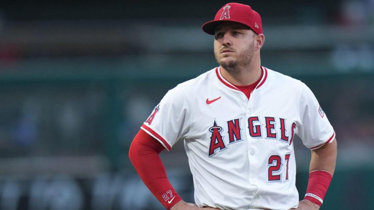 Los Angeles Angels' Mike Trout stands on the field before a game against the Houston Astros, Sept. 27, 2025, in Anaheim, Calif. (AP Photo/Jae C. Hong)