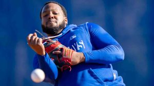Toronto Blue Jays' Vladimir Guerrero Jr. makes an underhand toss at Spring Training in Dunedin, Fla., on Tuesday, Feb. 17, 2026. (Frank Gunn/CP)