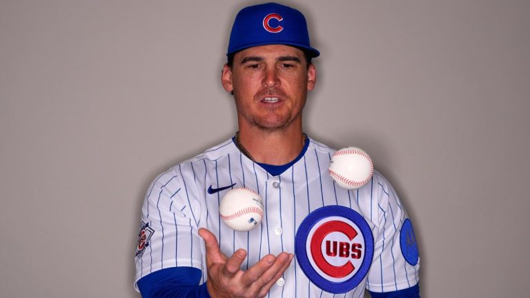 Chicago Cubs' Tyler Austin juggles some baseballs at the team's photo day Tuesday, Feb. 17, 2026, in Mesa, Ariz. (Morry Gash/AP)