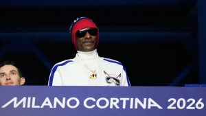 Snoop Dogg attends the women's short program figure skating at the 2026 Winter Olympics, in Milan, Italy, Tuesday, Feb. 17, 2026. (Natacha Pisarenko/AP)