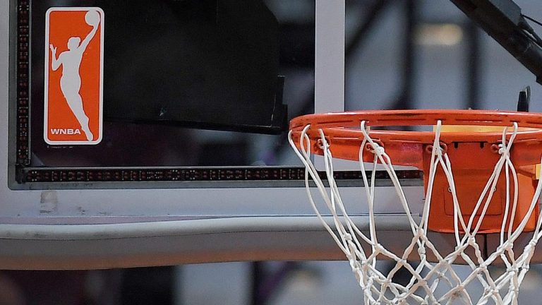 The WNBA logo is seen near a hoop before an WNBA basketball game at Mohegan Sun Arena, May 14, 2019, in Uncasville, Conn. (Jessica Hill/AP)