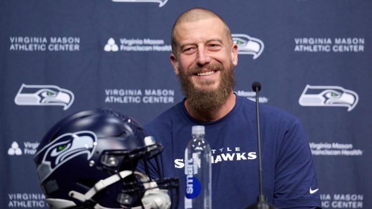 Seattle Seahawks new OC Brian Fleury answers questions during a press conference at the NFL team's headquarters, Thursday, Feb. 19, 2026, in Renton, Wash. (John Froschauer/ AP)