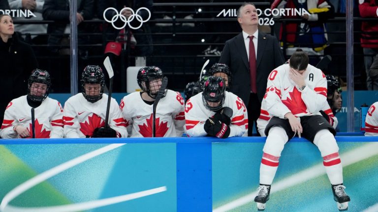 Team Canada's bench reacts to their 2-1 overtime loss to the United States in the women's gold medal hockey game at the 2026 Winter Olympics, in Milan, Thursday, Feb. 19, 2026. THE CANADIAN PRESS/Darryl Dyck