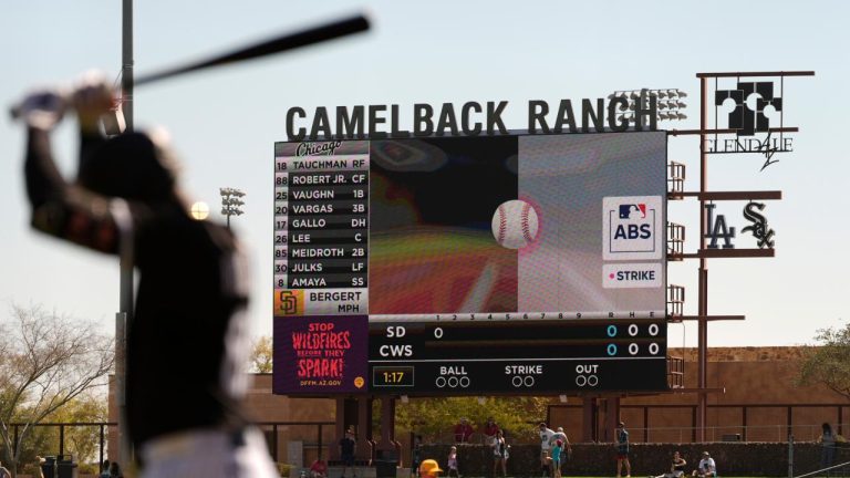 The Automated Ball/Strike System plays on the scoreboard after a pitch call was challenged during the first inning of a spring training baseball game between the Chicago White Sox and the San Diego Padres, Feb. 26, 2025. (Carolyn Kaster/ AP)