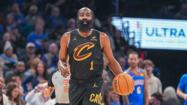 Cleveland Cavaliers guard James Harden pushes down the court during the second half of an NBA basketball game against the Oklahoma City Thunder, Sunday, Feb. 22, 2026, in Oklahoma City. (Kyle Phillips/AP)