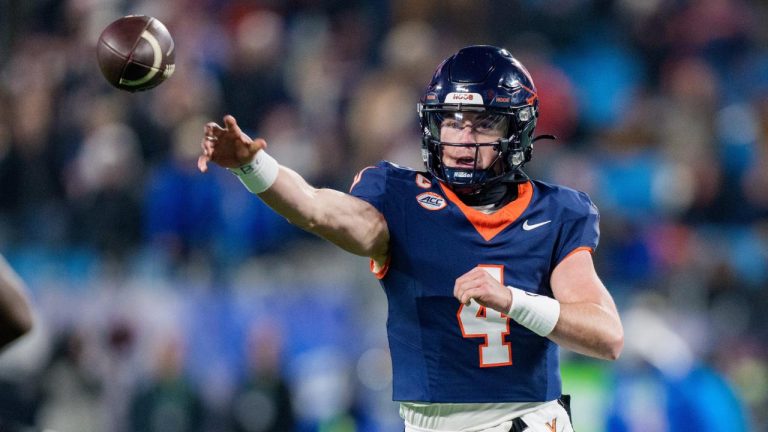 Virginia quarterback Chandler Morris (4) passes the ball during the Atlantic Coast Conference championship NCAA college football game between Virginia and Duke, Saturday, Dec. 6, 2025, in Charlotte, N.C. (Jacob Kupferman/AP)