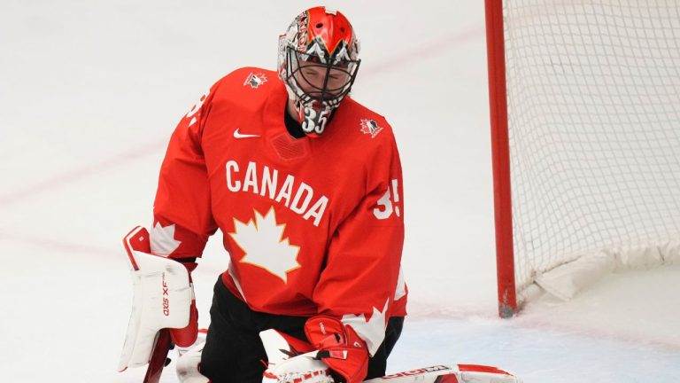 Ann-Renee Desbiens of Canada fails to make a save during the group A match between United States and Canada at the Women's Ice Hockey Championships in Ceske Budejovice, Czech Republic, Sunday, April 13, 2025. (Petr David Josek/AP)