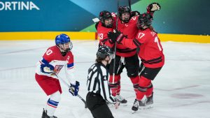 Canada’s Kristin O’Neill (43), Marie-Philip Poulin (29) and Ella Shelton (17) celebrate O'Neill's goal as Czech Republic’s Denisa Krizova (10) skates past during the first period of a preliminary round women's hockey game at the Milan Cortina Winter Olympics, in Milan, on Monday, February 9, 2026. (Darryl Dyck/CP)