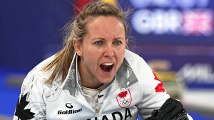 Canada's Rachel Homan reacts during the women's curling round robin session against Japan, at the 2026 Winter Olympics, in Cortina d'Ampezzo, Italy, Monday, Feb. 16, 2026. (Fatima Shbair/AP)