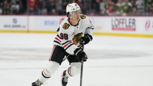 Chicago Blackhawks center Connor Bedard (98) skates with the puck during overtime of an NHL hockey game against the Minnesota Wild, Tuesday, Jan. 27, 2026, in St. Paul, Minn. (Abbie Parr/AP)