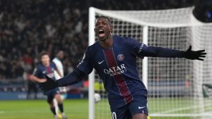 PSG's Ousmane Dembele celebrates after scoring his side's second goal during the French League One match between Paris Saint-Germain and Marseille in Paris, Sunday, Feb. 8, 2026. (AP/Thibault Camus)