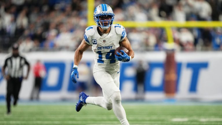Detroit Lions wide receiver Amon-Ra St. Brown runs during an NFL football game against the Dallas Cowboys Thursday, Dec. 4, 2025, in Detroit. (Ryan Sun/AP)