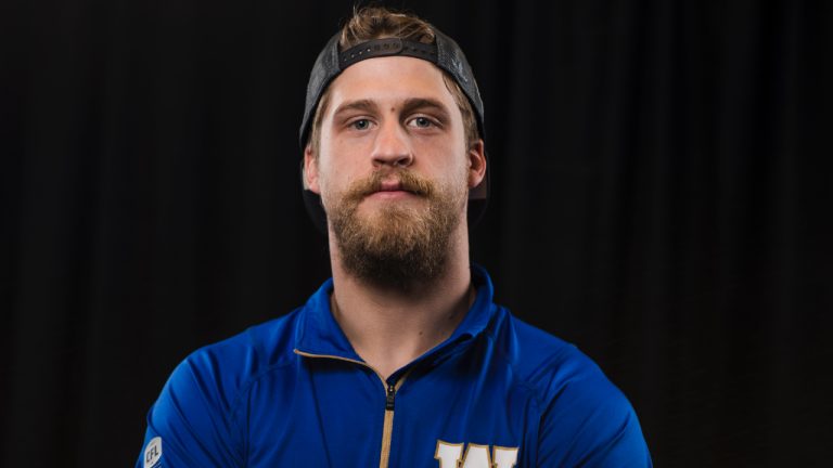 Drew Wolitarsky poses for a photo during the Winnipeg Blue Bombers media day, part of the CFL's Grey Cup week in Hamilton, Ont., Wednesday, Nov. 15, 2023. (Nick Iwanyshyn/CP)