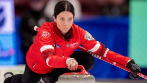 Team Canada skip Kerri Einarson delivers a rock during Scotties Tournament of Hearts finals curling action in Mississauga, Ont., Sunday, Feb. 2, 2026. (Frank Gunn/CP)