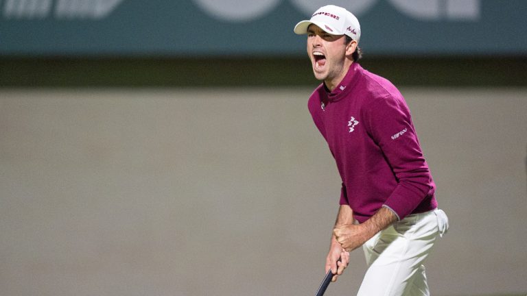 Elvis Smylie of Ripper GC reacts after his final putt on the 18th green during the final round of the LIV Golf Riyadh at Riyadh Golf Club on Saturday, February 07, 2026 in Riyadh, Saudi Arabia. (Photo by Pedro Salado/LIV Golf via AP)