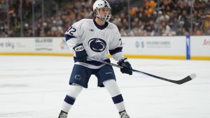 Penn State's Gavin McKenna skates against Arizona State during the second period of an NCAA college hockey game, Friday, Oct. 3, 2025, in Tempe, Ariz. (AP/Rick Scuteri)