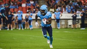Toronto Argonauts wide receiver Janarion Grant sprints down the field against the Hamilton Tiger-Cats during second half CFL action in Toronto, on Friday, July 4, 2025. (THE CANADIAN PRESS/Sammy Kogan)