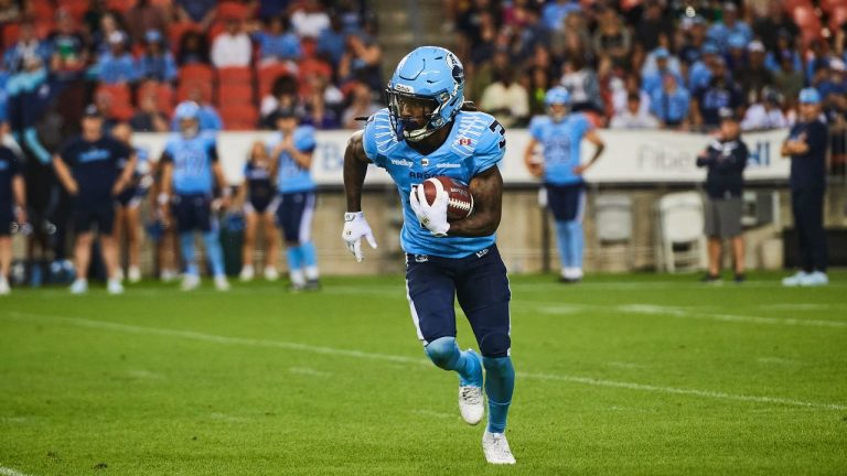 Toronto Argonauts wide receiver Janarion Grant sprints down the field against the Hamilton Tiger-Cats during second half CFL action in Toronto, on Friday, July 4, 2025. (THE CANADIAN PRESS/Sammy Kogan)