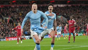 Manchester City's Erling Haaland celebrates after scoring uring the English Premier League soccer match between Liverpool and Manchester City in Liverpool, England, Sunday, Feb. 8, 2026. (Jon Super/AP)