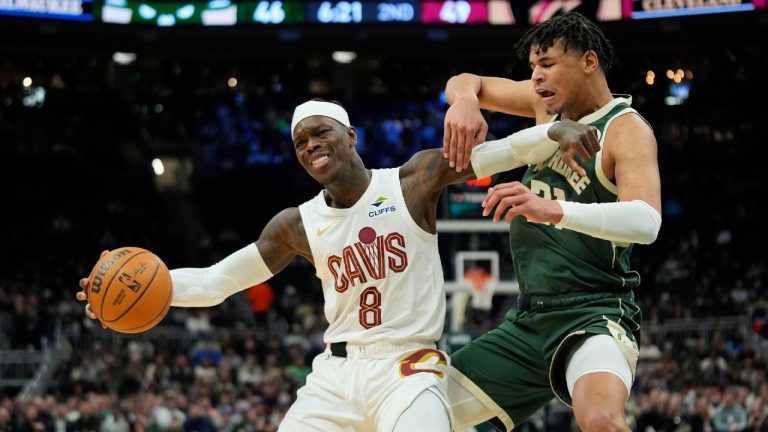 Cleveland Cavaliers' Dennis Schröder (8) drives to the basket against Milwaukee Bucks' Ousmane Dieng during the first half of an NBA basketball game Wednesday, Feb. 25, 2026, in Milwaukee. (Aaron Gash/AP)
