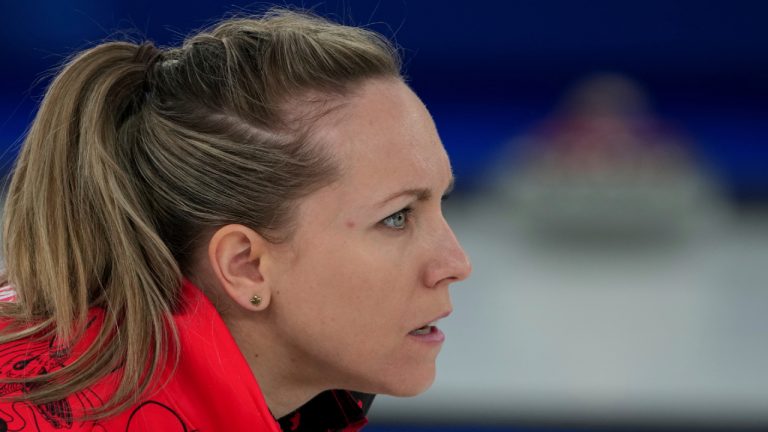 Canada's Rachel Homan studies the situation during a women's curling semifinal match against Sweden, at the 2026 Winter Olympics, in Cortina d'Ampezzo, Italy, Friday, Feb. 20, 2026. (Misper Apawu/AP)