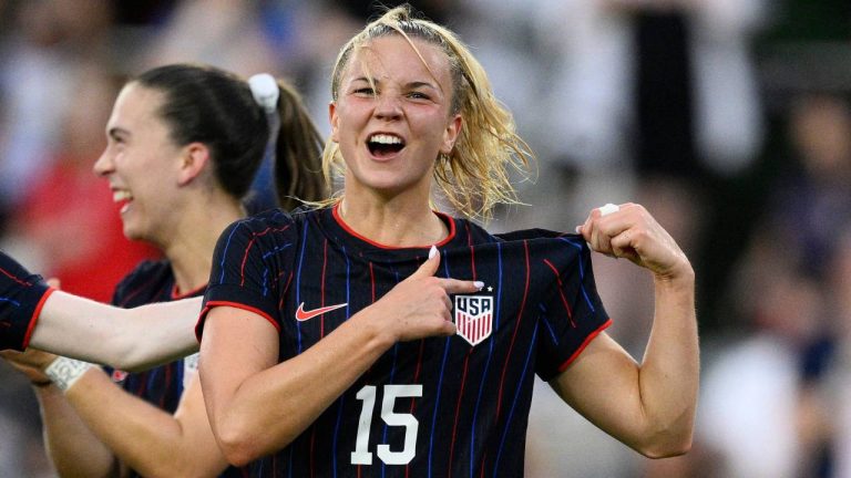 United States midfielder Claire Hutton (15) celebrates her goal during the first half of an international friendly soccer match against Canada, July 2, 2025, in Washington. (Nick Wass/AP)