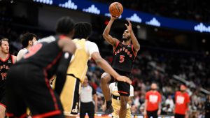 Toronto Raptors guard Immanuel Quickley goes up to shoot during the first half of an NBA game against the Washington Wizards, Saturday, Feb. 28, 2026, in Washington. (AP/Nick Wass)