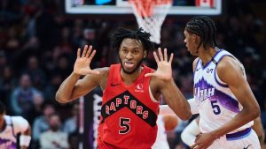 Toronto Raptors' Immanuel Quickley reacts after a three pointer against the Utah Jazz during first half NBA action in Toronto, on Sunday, Feb. 1, 2026. (THE CANADIAN PRESS/Sammy Kogan)