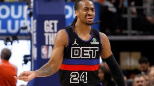 Detroit Pistons guard Daniss Jenkins celebrates after scoring against the New York Knicks during the second half of an NBA game Friday, Feb. 6, 2026, in Detroit. (AP/Duane Burleson)