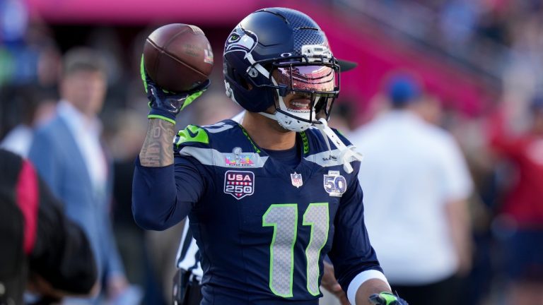Seattle Seahawks wide receiver Jaxon Smith-Njigba warms up before the NFL Super Bowl 60 game against the New England Patriots, Sunday, Feb. 8, 2026, in Santa Clara, Calif. (AP/Lynne Sladky)