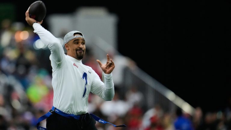 NFC quarterback Jalen Hurts (1), of the Philadelphia Eagles, passes the ball against the AFC during the first half of the NFL Pro Bowl football game, Tuesday, Feb. 3, 2026, in San Francisco. (Godofredo A. Vásquez/AP)