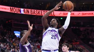Utah Jazz forward Jaren Jackson Jr. (20) goes up for a shot against the Sacramento Kings during the second half of an NBA basketball game, Wednesday, Feb. 11, 2026, in Salt Lake City. (Rob Gray/AP)