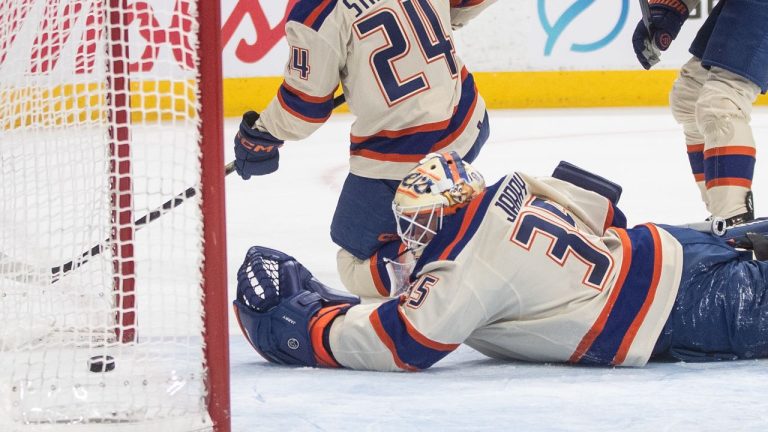 Edmonton Oilers goalie Tristan Jarry is scored on by the Minnesota Wild during first period NHL action, in Edmonton on Saturday, Jan. 31, 2026. (THE CANADIAN PRESS/Jason Franson)